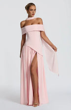 Striking A Line Off Shoulder Choker Sash Back Zipper High Slit Floor Length For Ladies Prom Dress