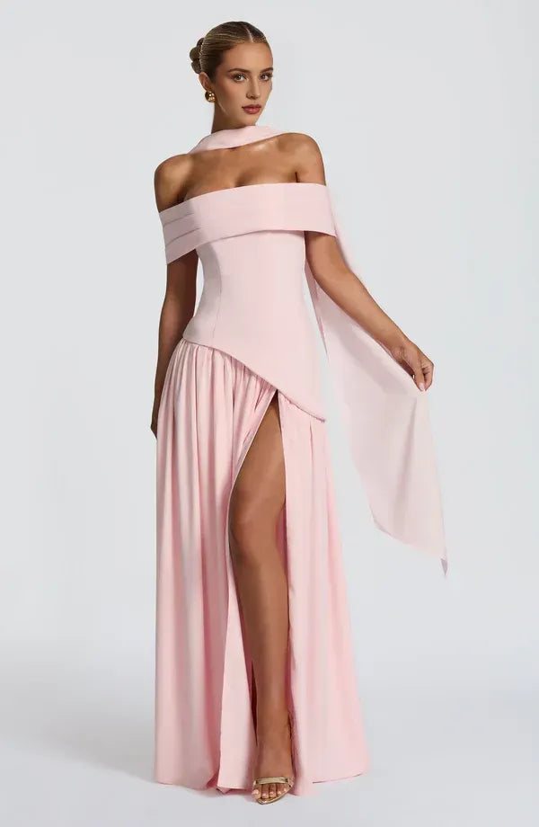 Striking A Line Off Shoulder Choker Sash Back Zipper High Slit Floor Length For Ladies Prom Dress