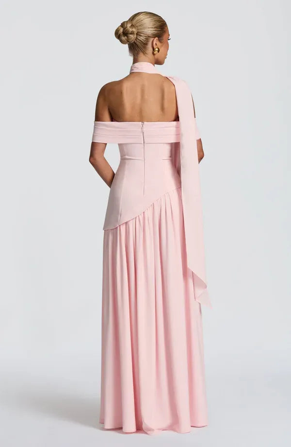 Striking A Line Off Shoulder Choker Sash Back Zipper High Slit Floor Length For Ladies Prom Dress