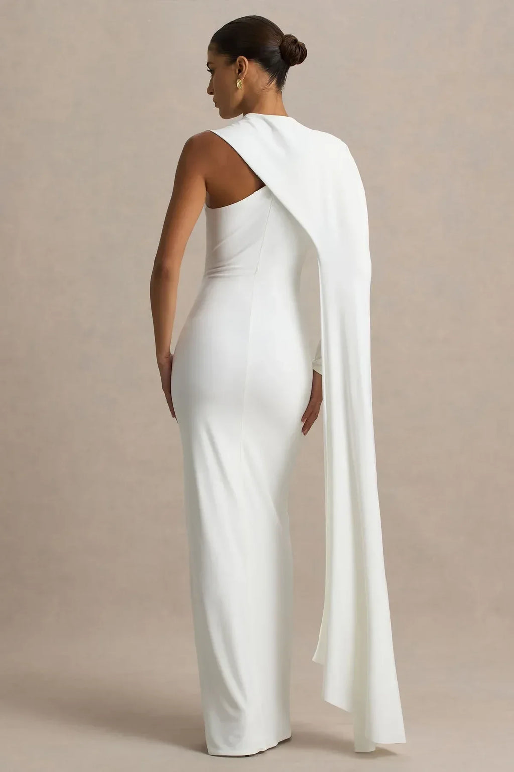 Striking Mermaid One Shoulder Draped Sleeve Zip Back Floor Length Evening Dress