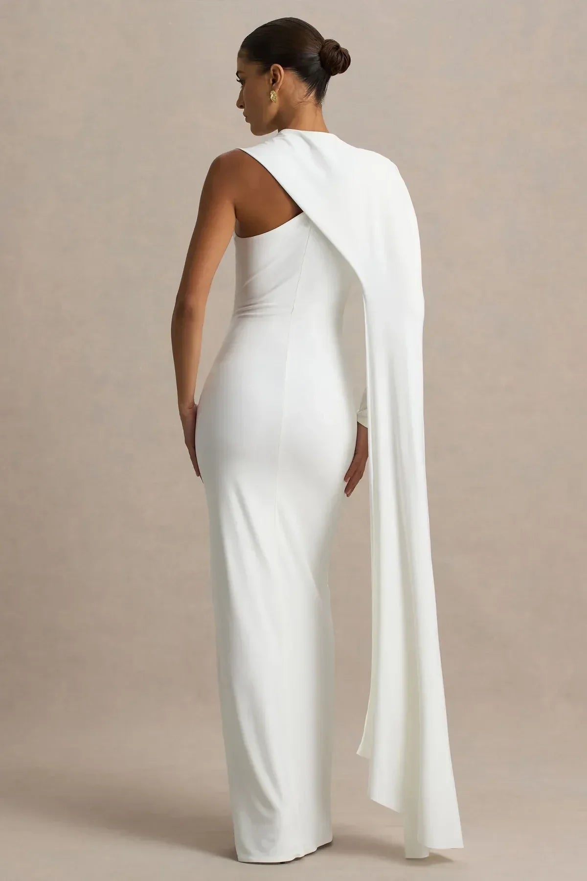 Striking Mermaid One Shoulder Draped Sleeve Zip Back Floor Length Evening Dress