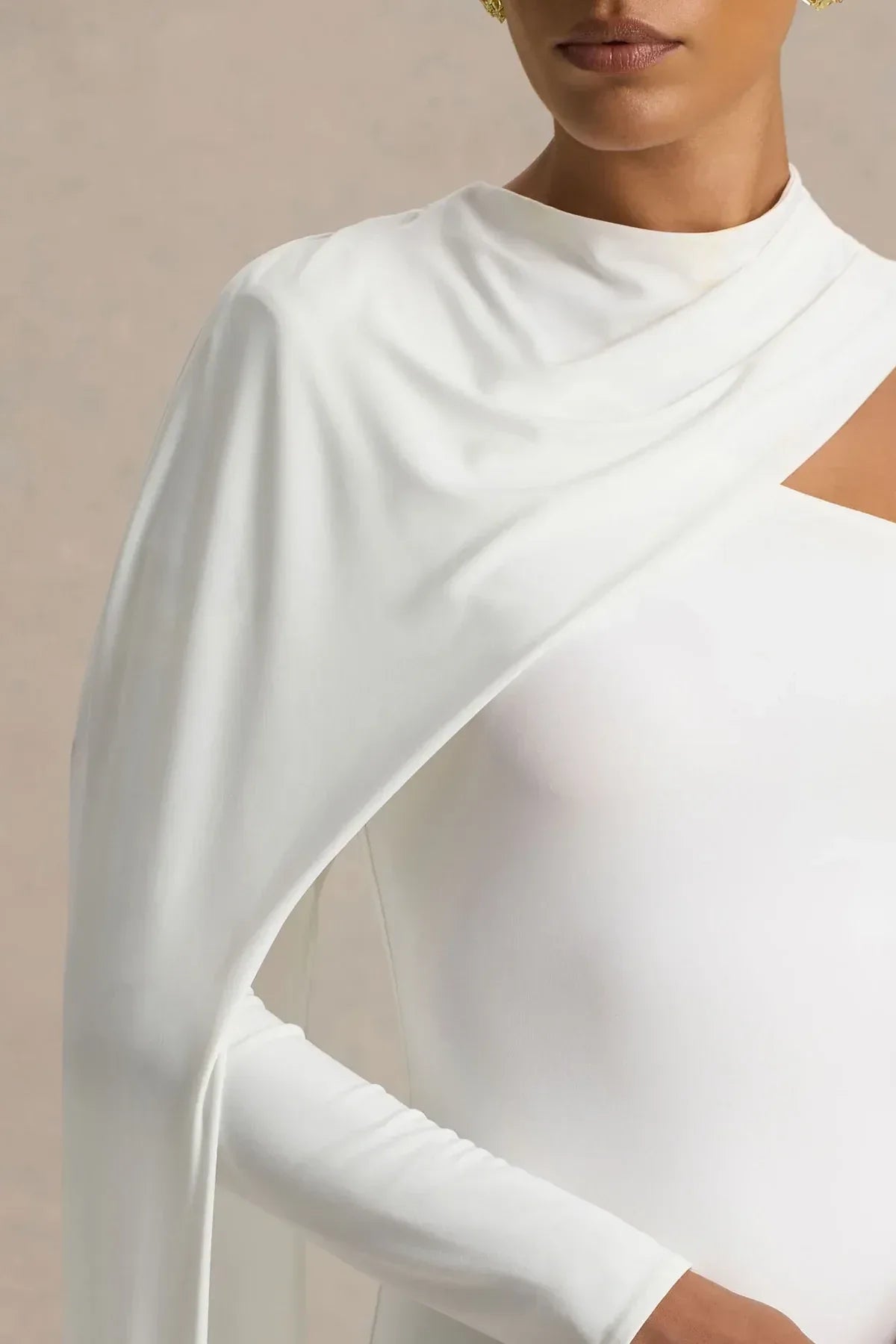 Striking Mermaid One Shoulder Draped Sleeve Zip Back Floor Length Evening Dress