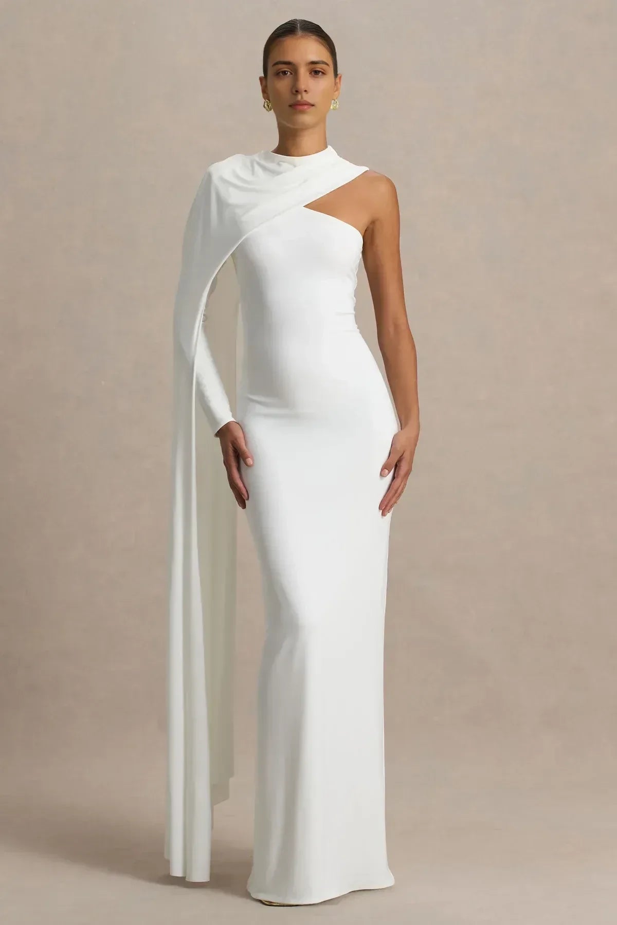 Striking Mermaid One Shoulder Draped Sleeve Zip Back Floor Length Evening Dress