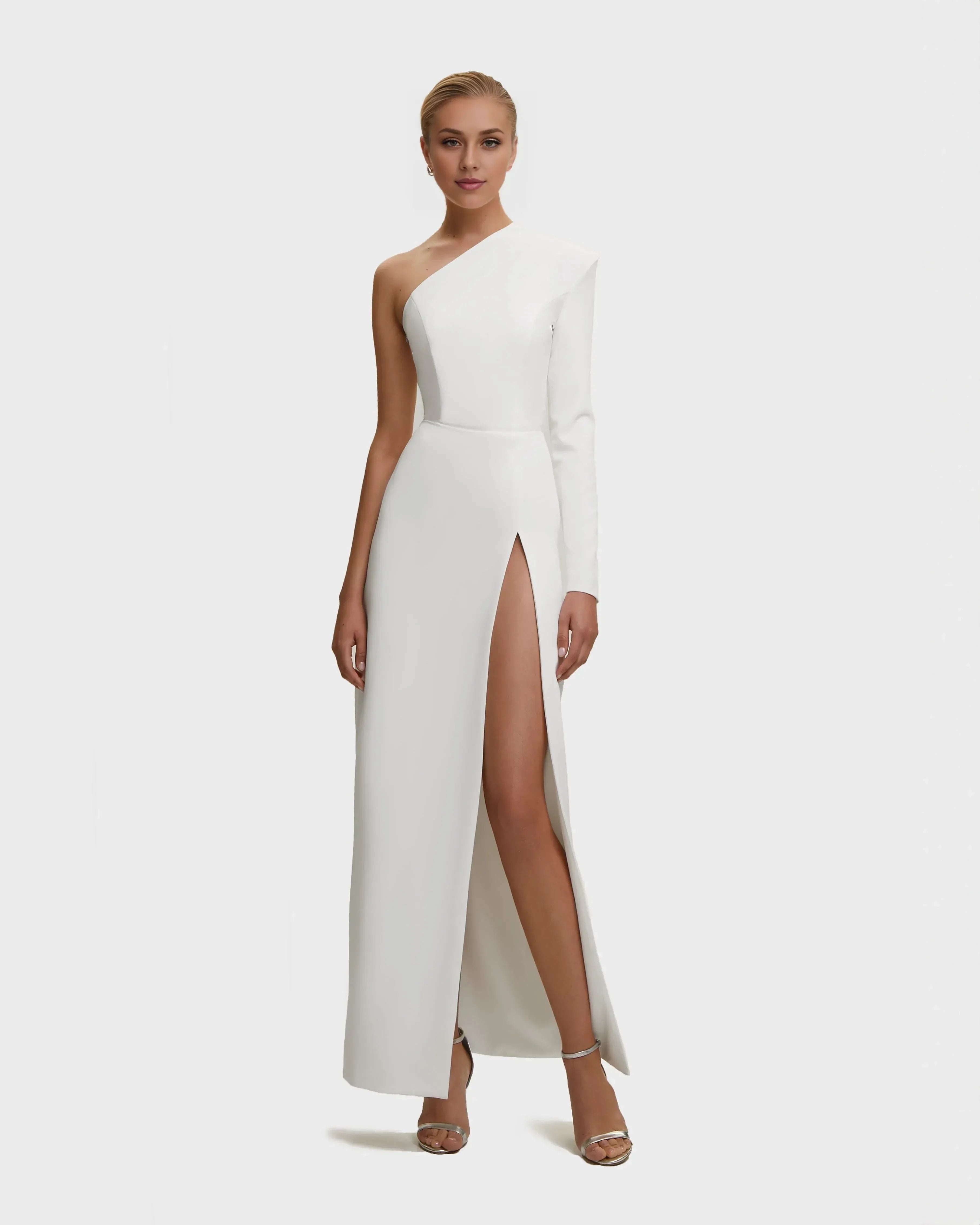Striking Mermaid One Shoulder Long Sleeve Zipper Back Floor Length Evening Dress