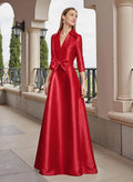 Red Striking Shirt-Style Evening Gown with Statement Bow