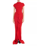 Striking Sheath Mock Neck Cap Sleeve Ruffle Accent Train Floor Length Female Prom Dress