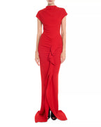 Striking Sheath Mock Neck Cap Sleeve Ruffle Accent Train Floor Length Female Prom Dress
