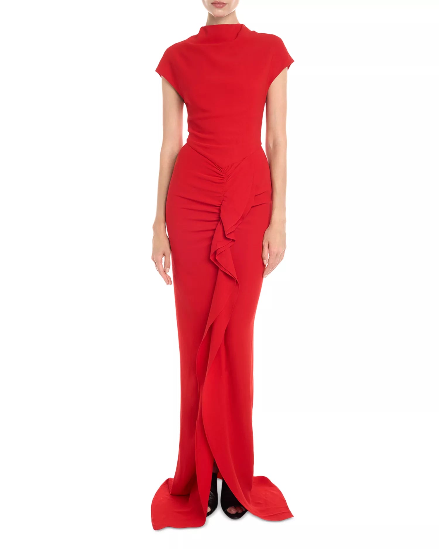 Striking Sheath Mock Neck Cap Sleeve Ruffle Accent Train Floor Length Female Prom Dress