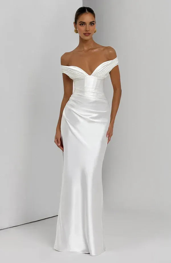 Striking Sheath Off Shoulder Beaded Trim Lace Up Back Floor Length For Women Prom Dress