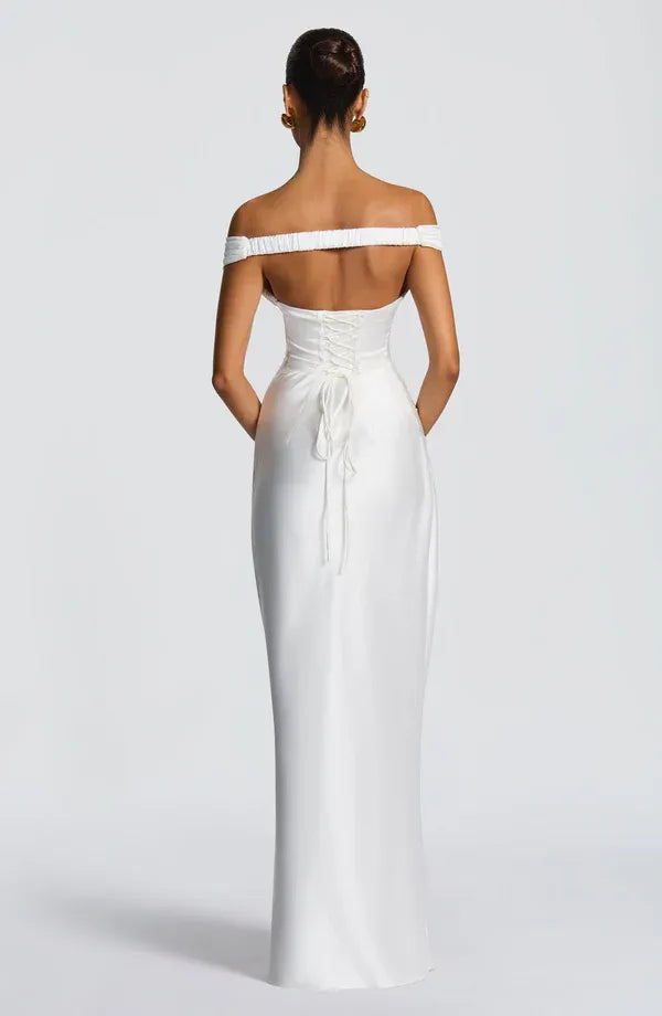 Striking Sheath Off Shoulder Beaded Trim Lace Up Back Floor Length For Women Prom Dress
