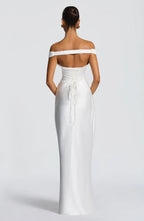 Striking Sheath Off Shoulder Beaded Trim Lace Up Back Floor Length For Women Prom Dress