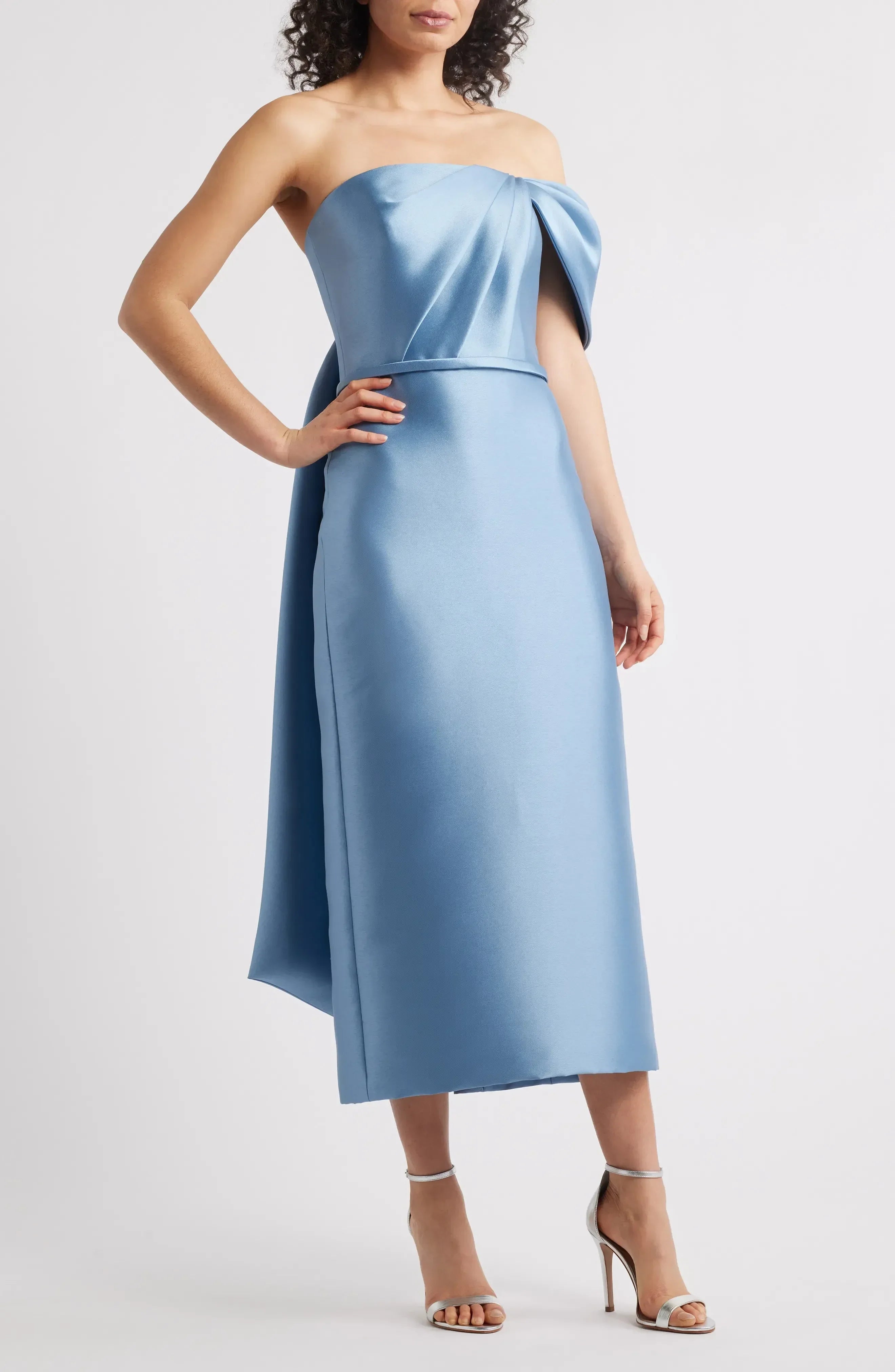 Striking Sheath Sleeveless Strapless Bow Back Midi Length Evening Dress