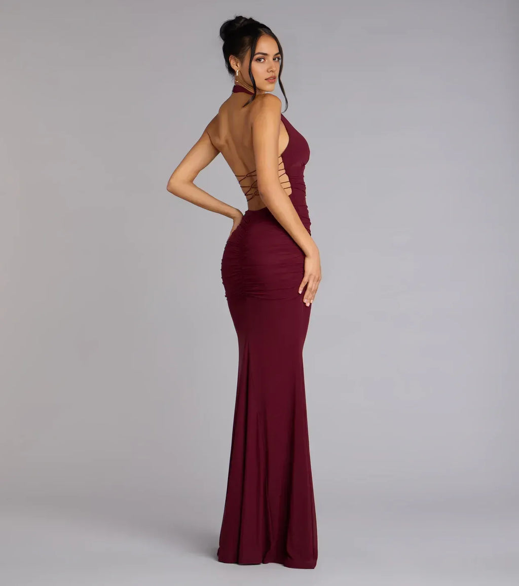 Striking Trumpet Halter Neck Sleeveless Lace Up Back Floor Length Prom Dress