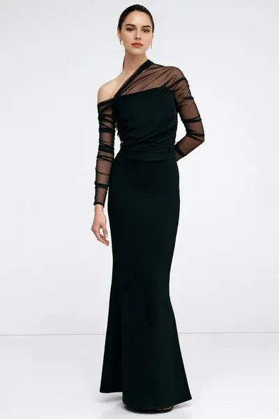 Striking Trumpet One Shoulder Sheer Long Sleeve Cut Out Back Floor Length For Ladies Prom Dress