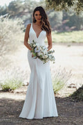 Striking Trumpet Plunging V Neck Sleeveless Cowl Back Floor Length Wedding Dress