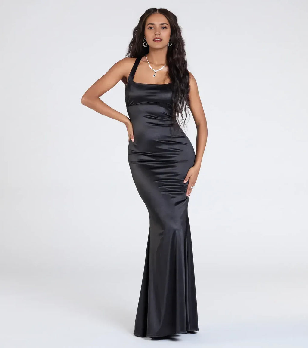 Striking Trumpet Square Neck Sleeveless Cross Back Floor Length Prom Dress