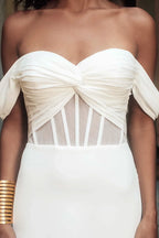Striking Trumpet Sweetheart Neckline Off Shoulder Button Back Floor Length Wedding Dress