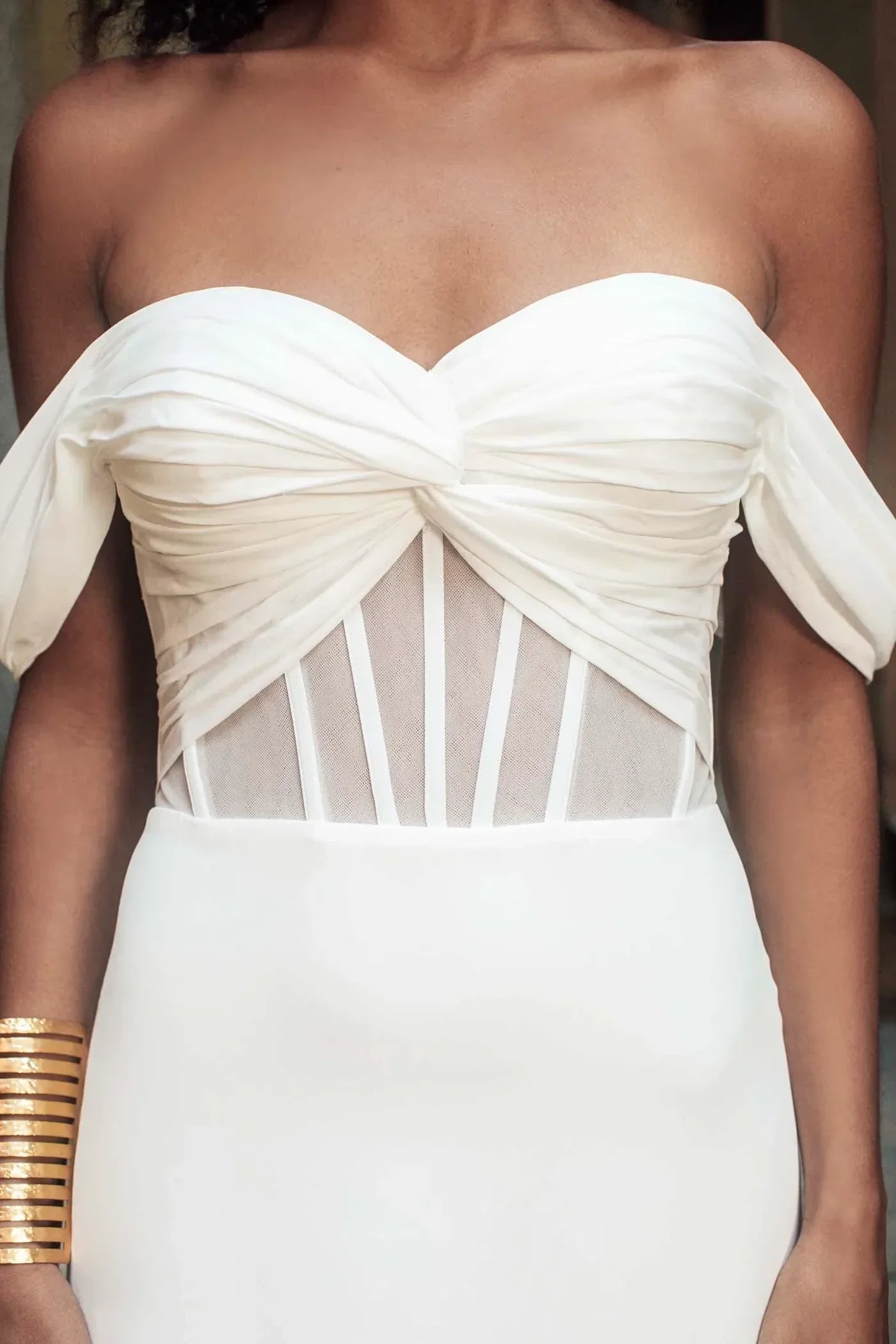 Striking Trumpet Sweetheart Neckline Off Shoulder Button Back Floor Length Wedding Dress