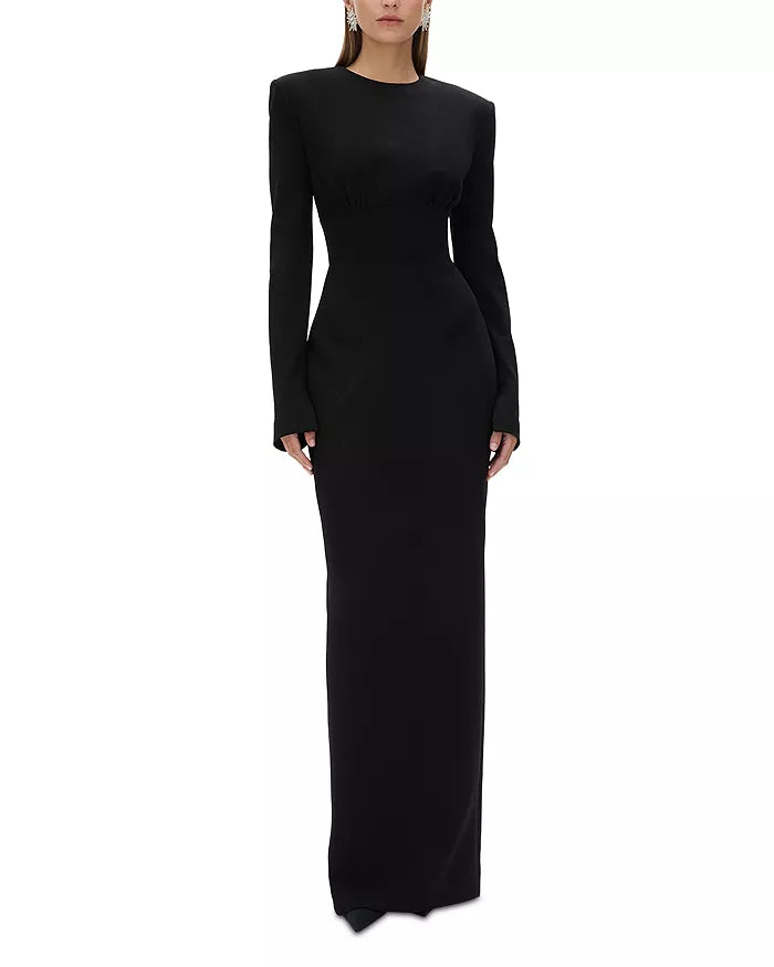 Structured Crew Neck Long Sleeve Square Back Slit Hem Floor Length For Adults Prom Dress