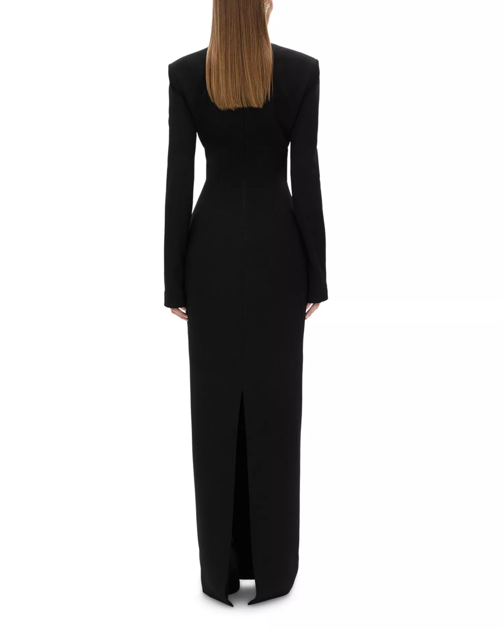 Structured Crew Neck Long Sleeve Square Back Slit Hem Floor Length For Adults Prom Dress