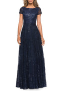 Stunning A Line Boat Neck Cap Sleeve Zipper Back Floor Length Evening Dress