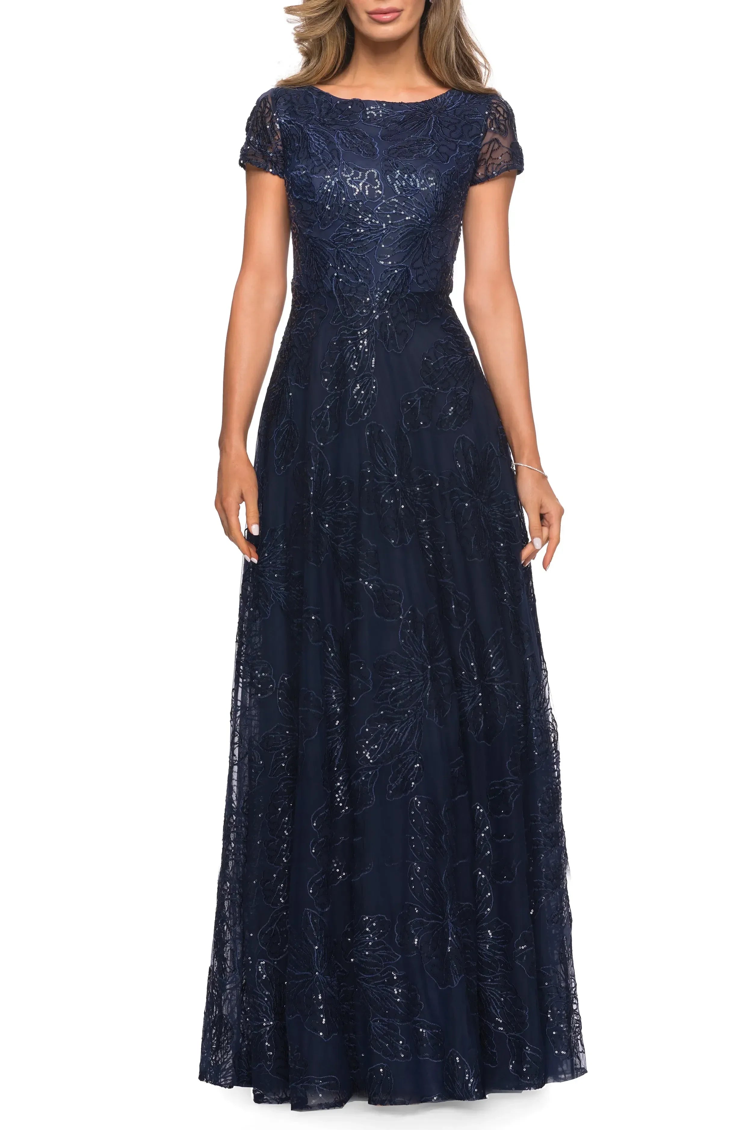 Stunning A Line Boat Neck Cap Sleeve Zipper Back Floor Length Evening Dress