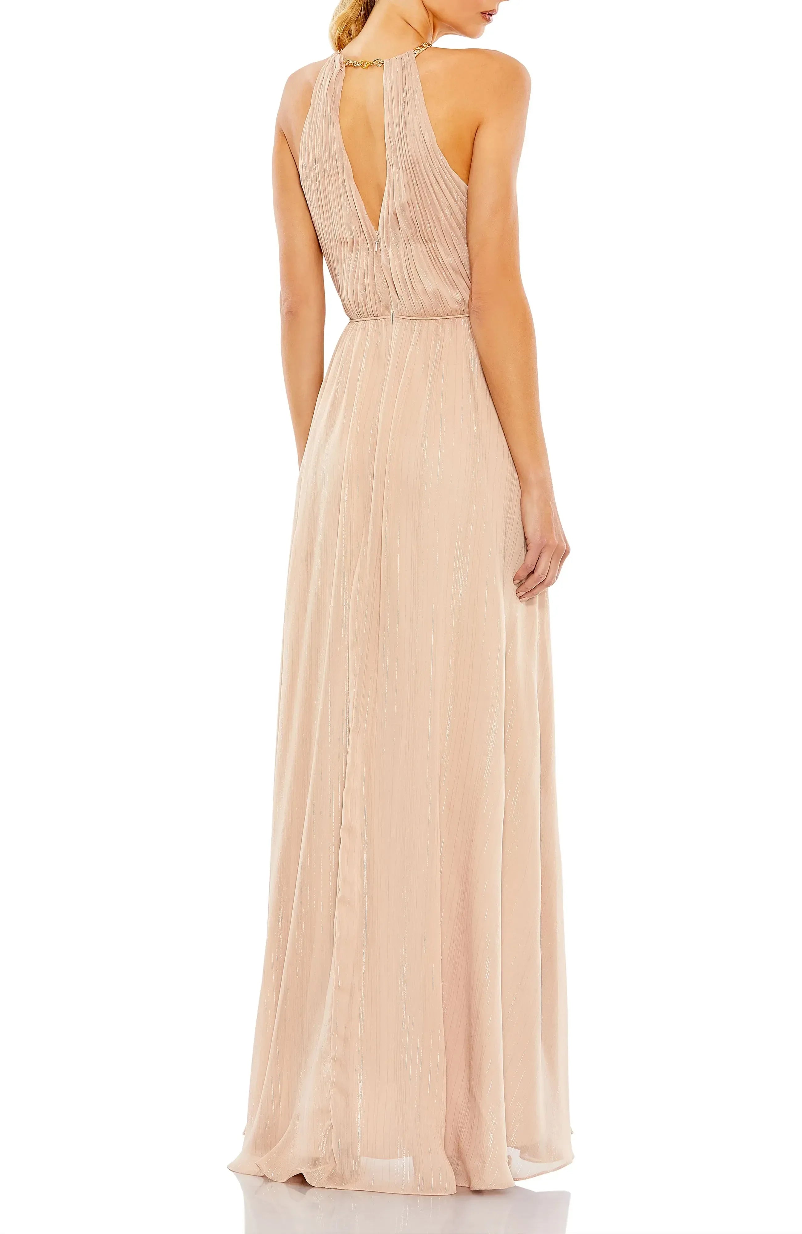Stunning A Line Halter Neck Sleeveless Open Back Floor Length Evening Dress