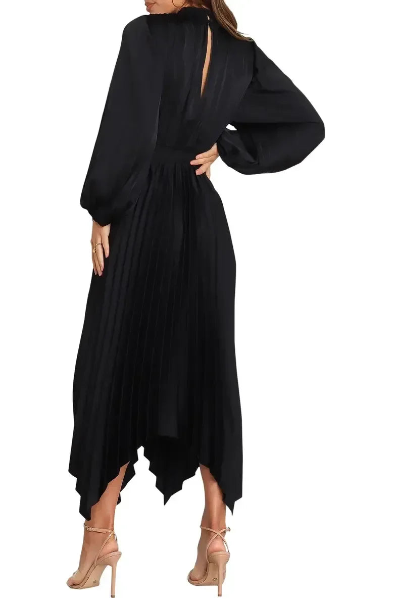 Stunning Asymmetrical Mock Neck Puff Sleeve Keyhole Back Midi Evening Dress