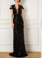 Black Mermaid Evening Gown with V-Neck and Slit Mother of the Bride Dress