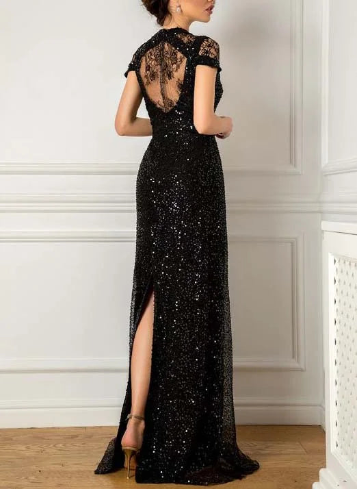 Black Mermaid Evening Gown with V-Neck and Slit Mother of the Bride Dress