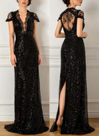 Black Mermaid Evening Gown with V-Neck and Slit Mother of the Bride Dress
