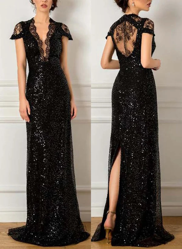 Black Mermaid Evening Gown with V-Neck and Slit Mother of the Bride Dress