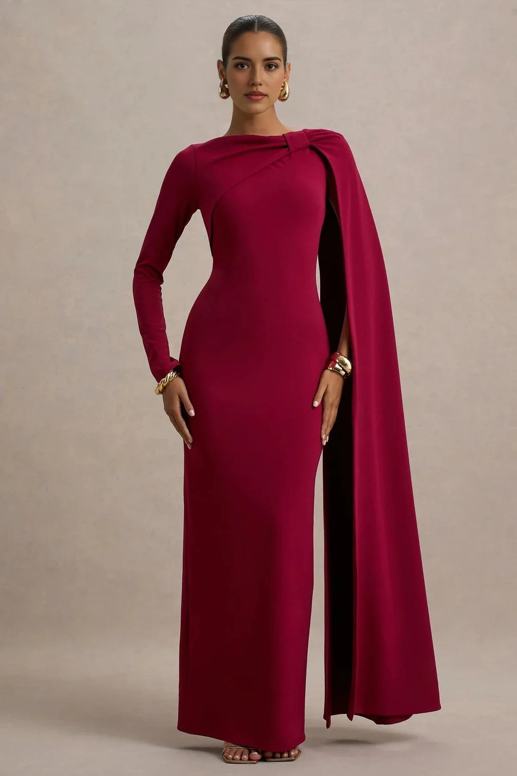 Stunning Mermaid Boat Neck Asymmetric Sleeve Bow Detail Floor Length Evening Dress