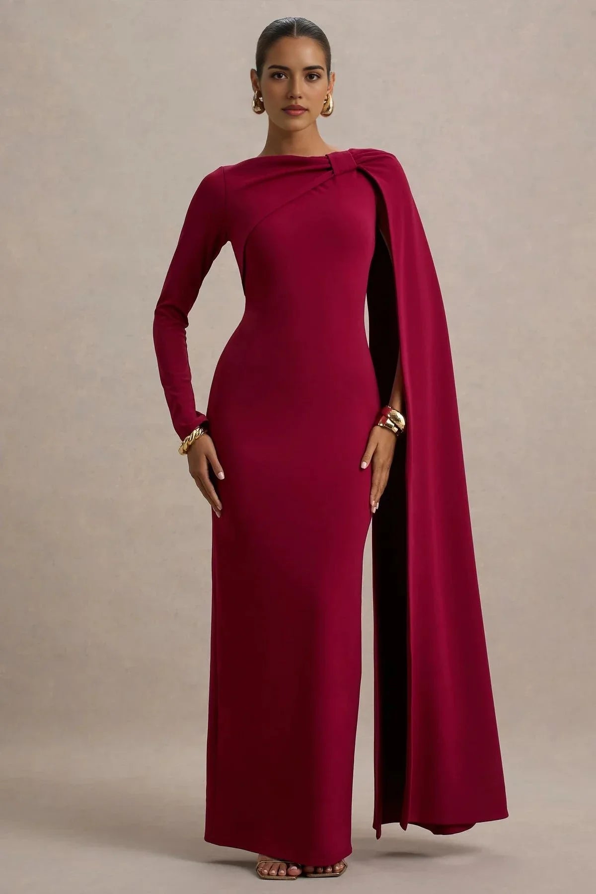 Stunning Mermaid Boat Neck Asymmetric Sleeve Bow Detail Floor Length Evening Dress