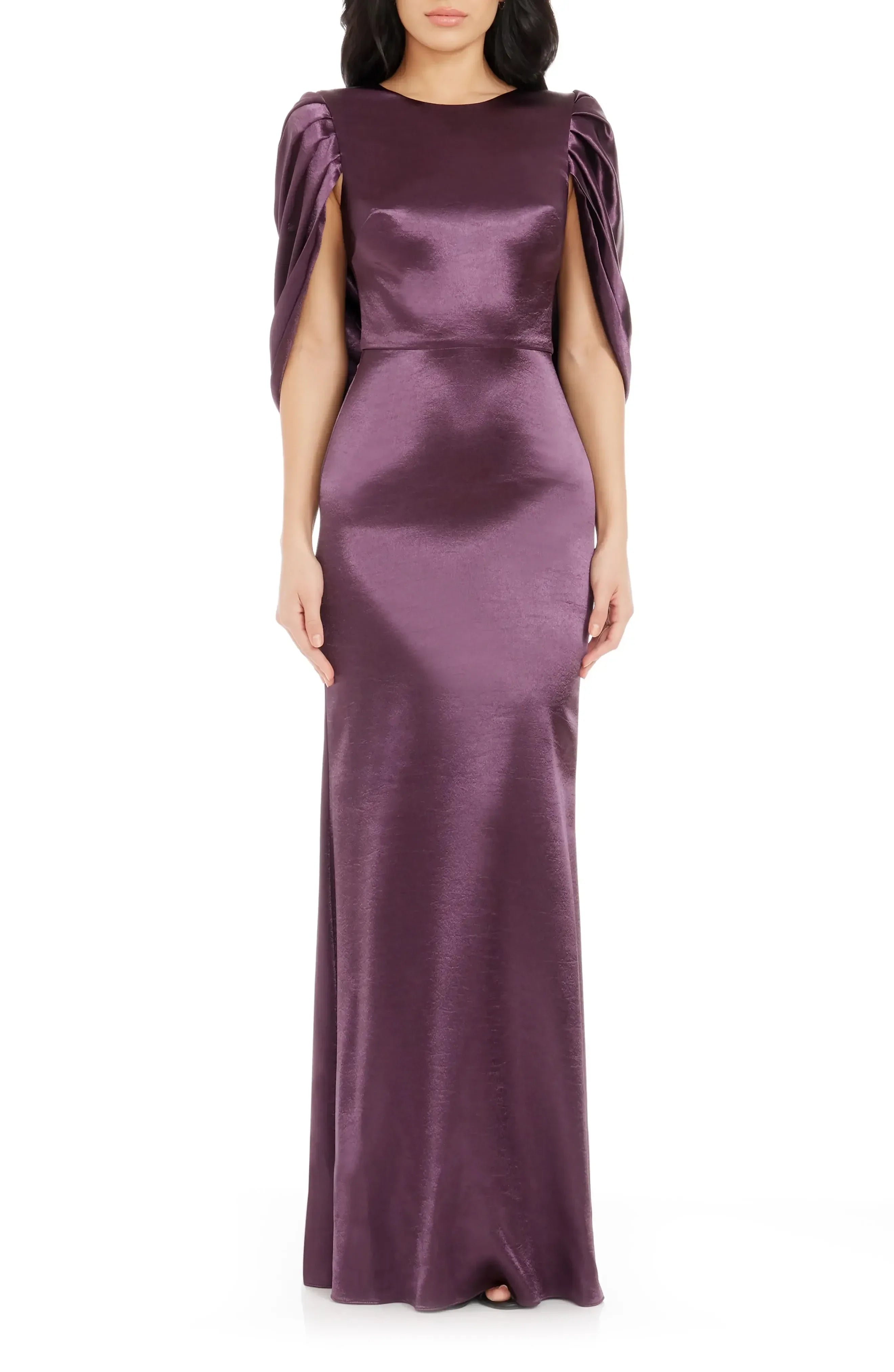 Stunning Mermaid Crew Neck Cape Sleeve Draped Back Floor Length Evening Dress