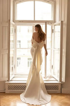Stunning Mermaid Off Shoulder Short Sleeve Bow Back Long Length Wedding Dress