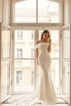Stunning Mermaid Off Shoulder Short Sleeve Bow Back Long Length Wedding Dress
