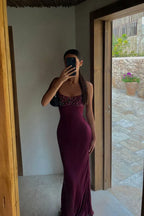 Mermaid Spaghetti Strap Lace-Up Back Beaded Bustier Floor-Length Evening Gown