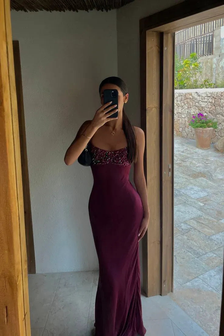 Mermaid Spaghetti Strap Lace-Up Back Beaded Bustier Floor-Length Evening Gown
