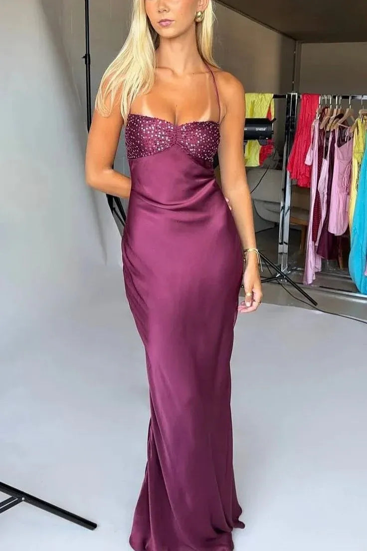 Mermaid Spaghetti Strap Lace-Up Back Beaded Bustier Floor-Length Evening Gown