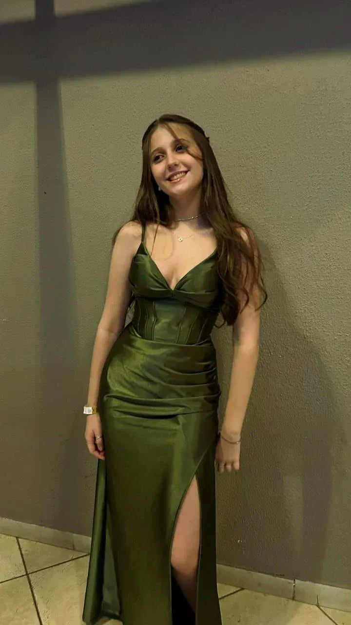Mermaid Spaghetti Strap V-Neck Corset High Slit Floor-Length Prom Dress