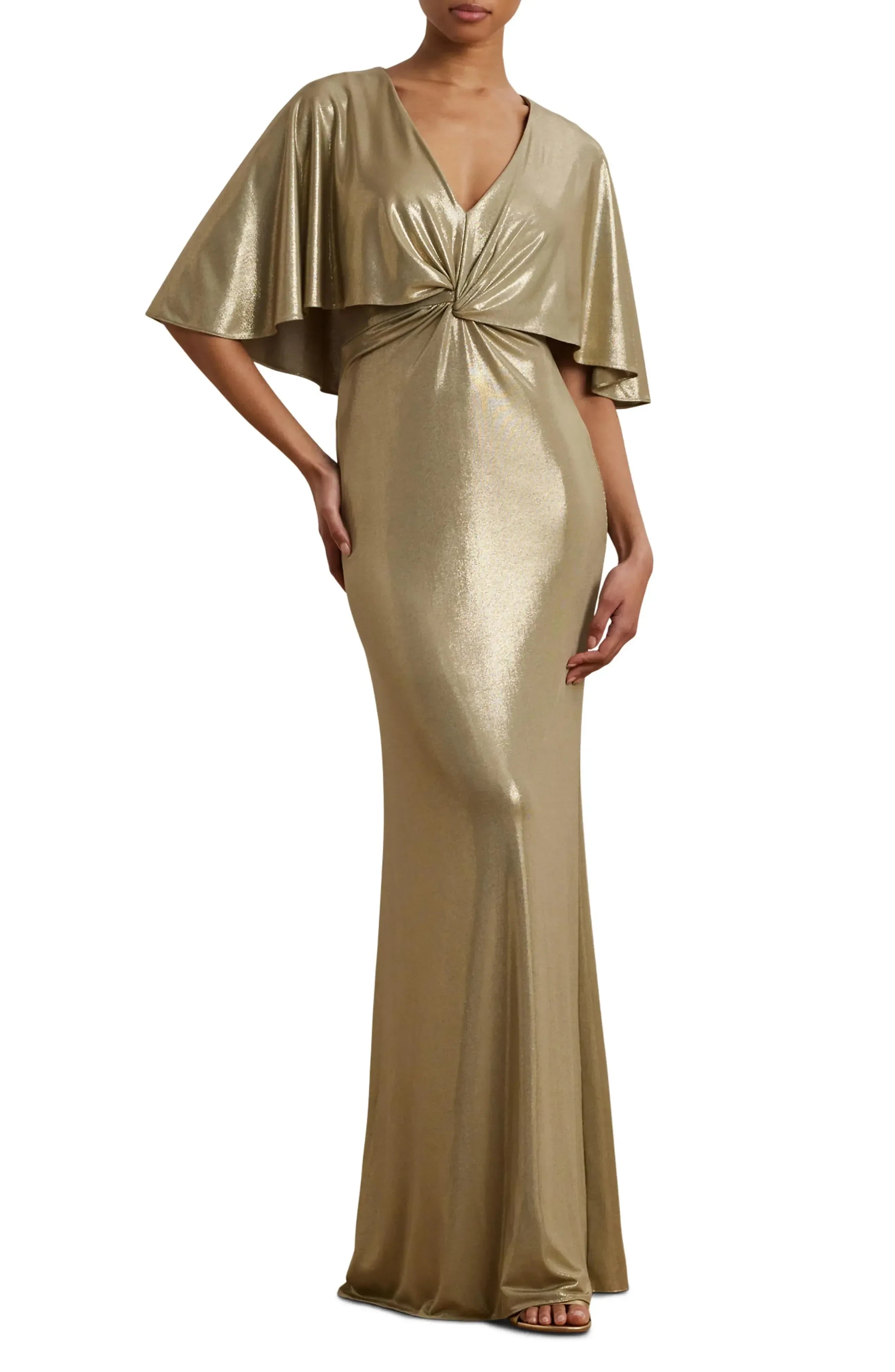 Stunning Mermaid V Neck Cape Sleeve Zipper Back Floor Length Evening Dress