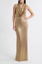 Stunning Sheath Cowl Neck Sleeveless Cutout Back Floor Length Evening Dress