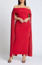 Stunning Sheath Off Shoulder Cape Sleeve Zipper Back Midi Length Plus Size Evening Dress