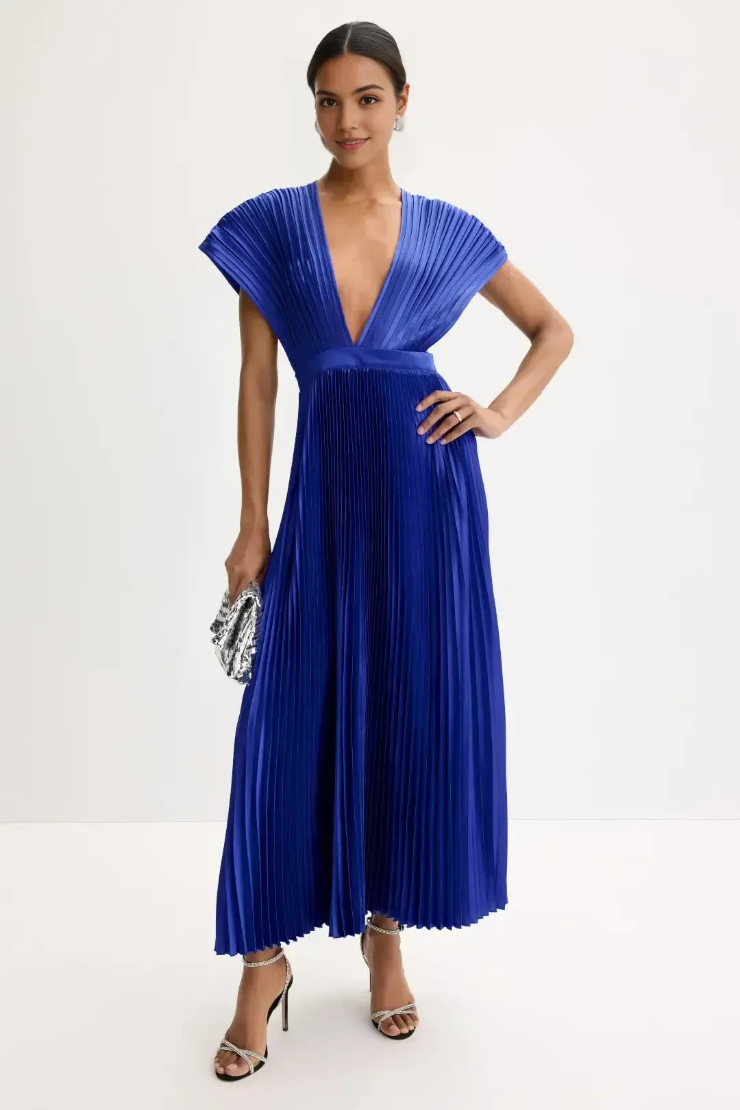 Stunning Sheath Plunging V Neck Cap Sleeve Open Back Floor Length Plus Size Prom Dress