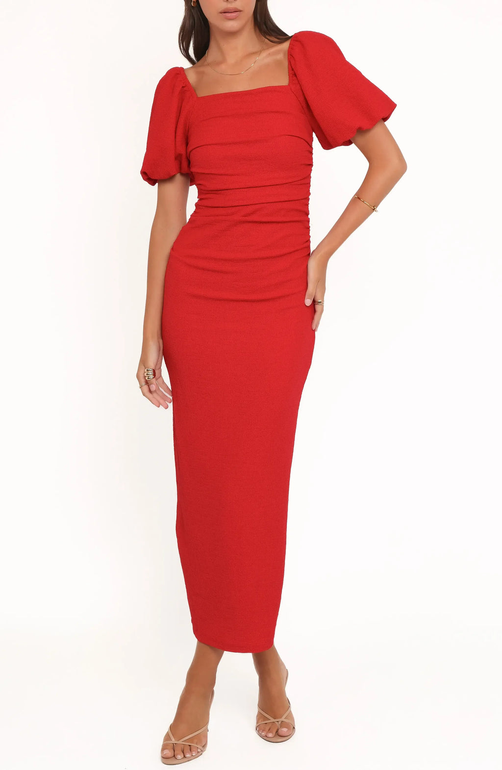 Stunning Sheath Square Neck Puff Short Sleeve Zipper Back Midi Length Evening Dress