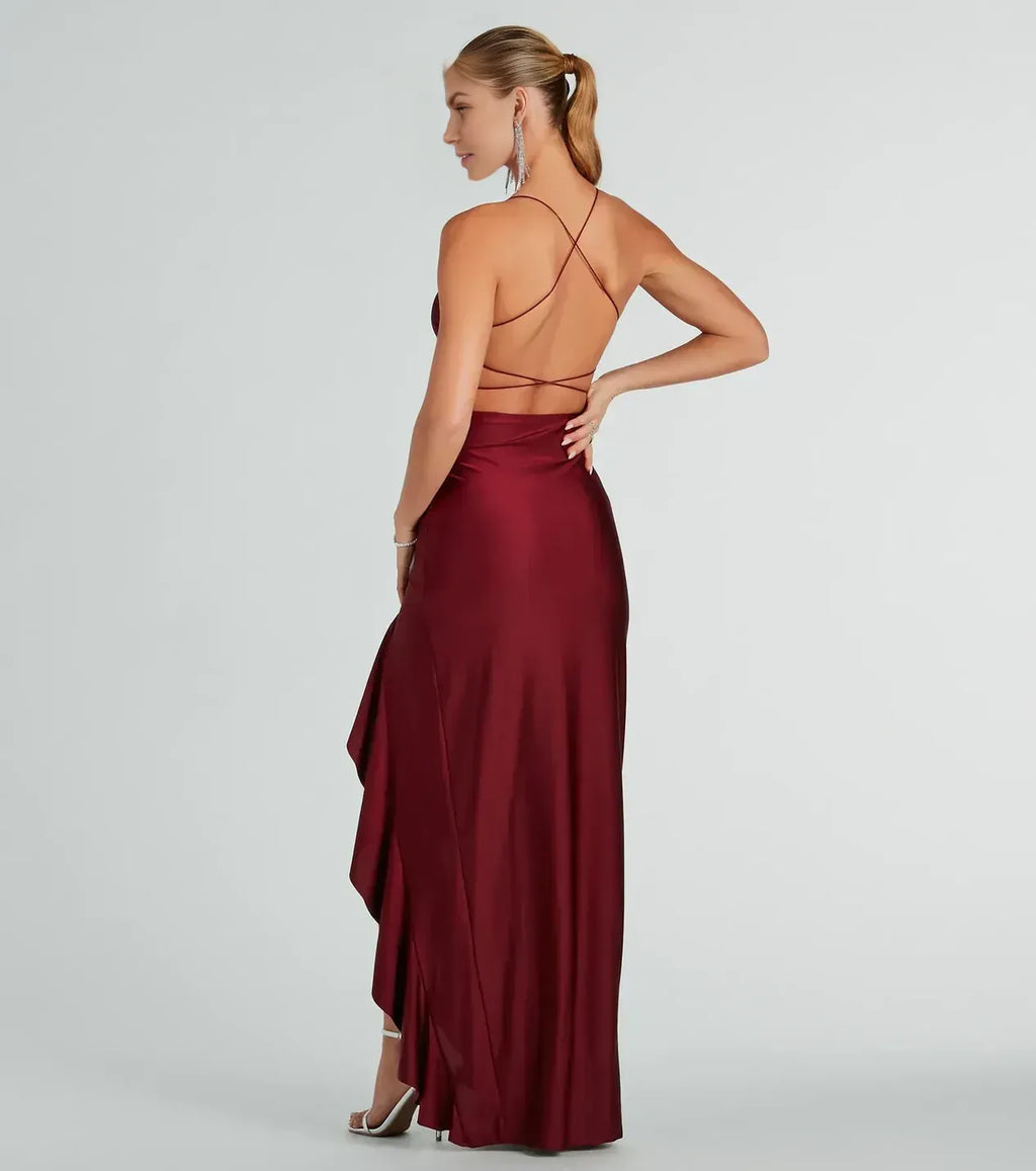 Stunning Sheath V Neck Spaghetti Strap Crisscross Back Floor Length Prom Dress