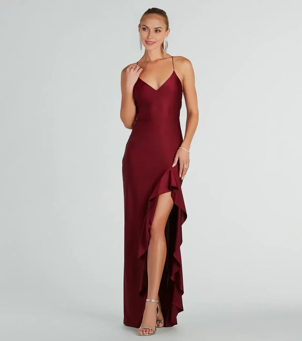 Stunning Sheath V Neck Spaghetti Strap Crisscross Back Floor Length Prom Dress