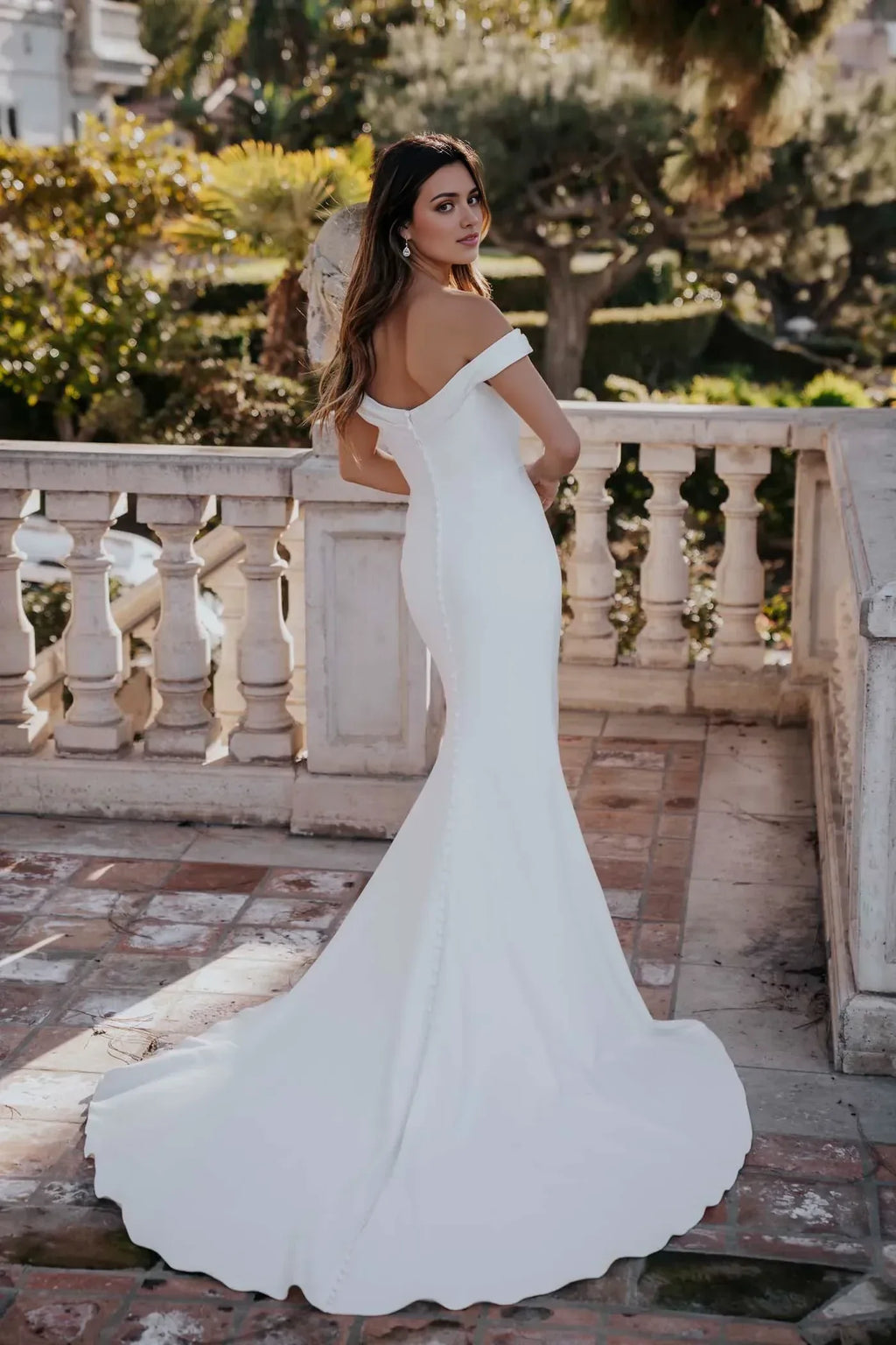 Stunning Trumpet Off Shoulder Short Sleeve Button Back Floor Length Wedding Dress