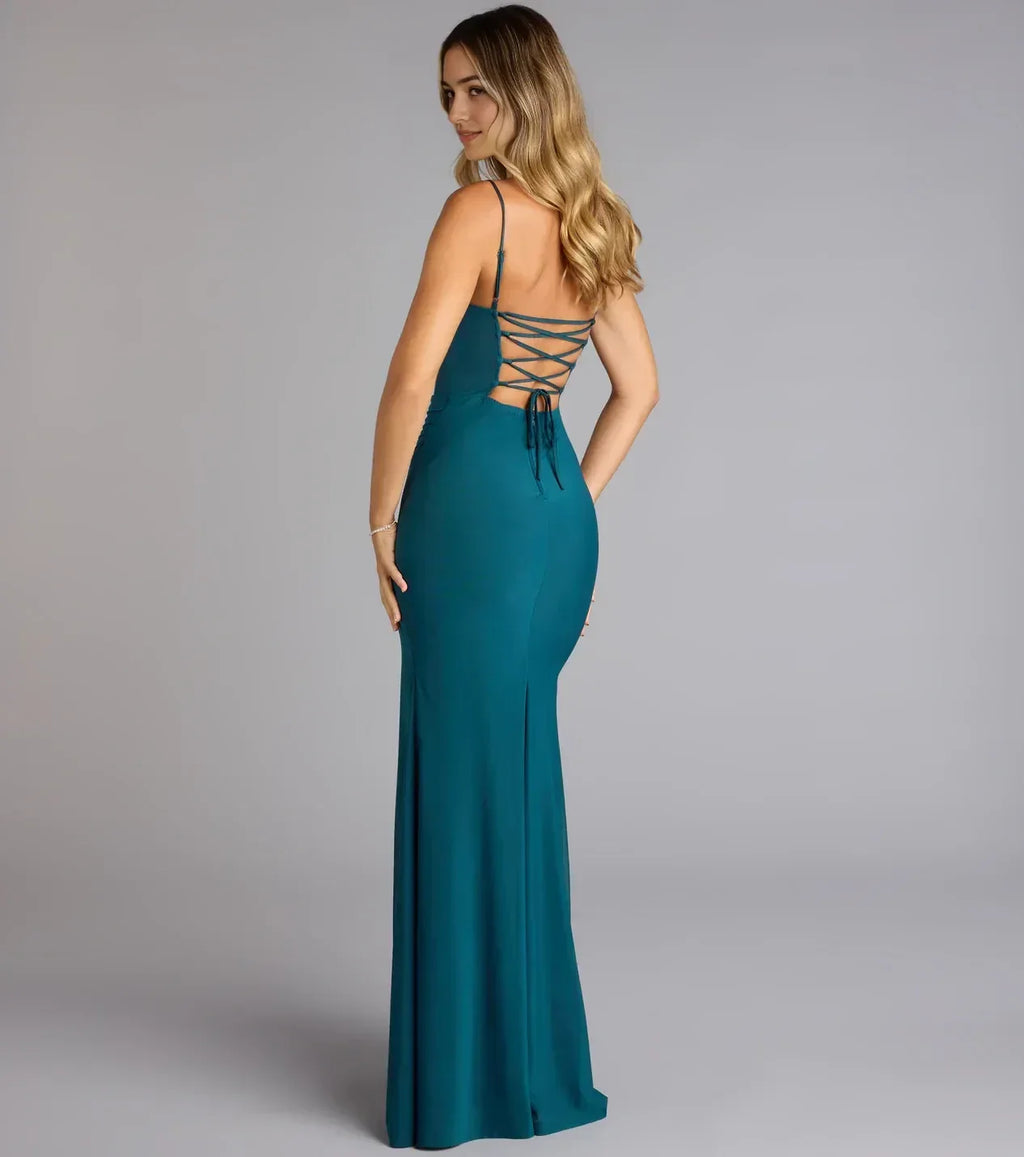 Stunning Trumpet Sweetheart Neck Spaghetti Strap Lace Up Back Floor Length Prom Dress